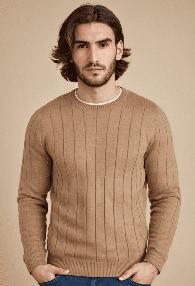 An ASL Crystal sweater in camel brown with a subtle vertical ribbed knit pattern.